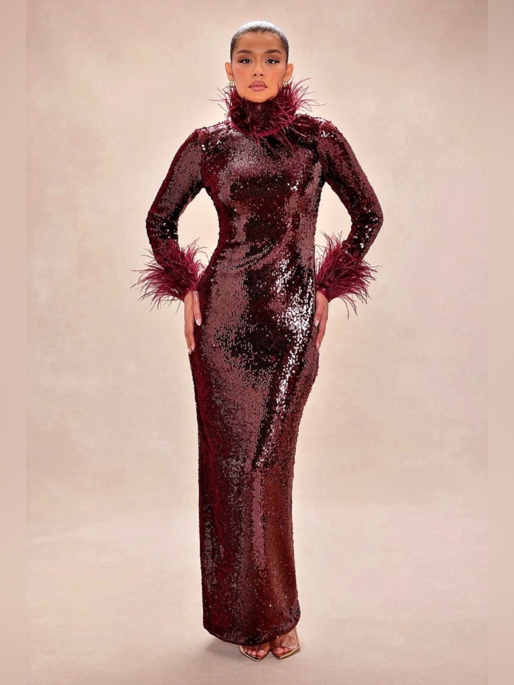 Burgundy Sequin Maxi Gown Feather Cuff Long Sleeve High Slit Evening Dress